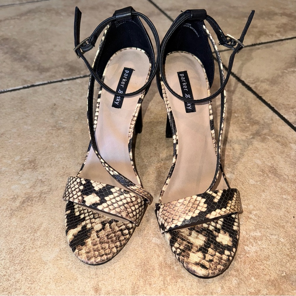 Parker & Sky Black and Tan Snakeskin Heels